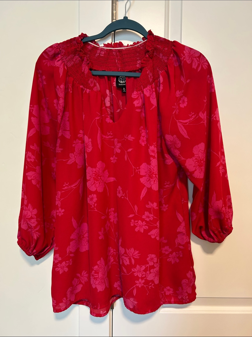 Bobeau Red Floral Smocked-Neck Blouse